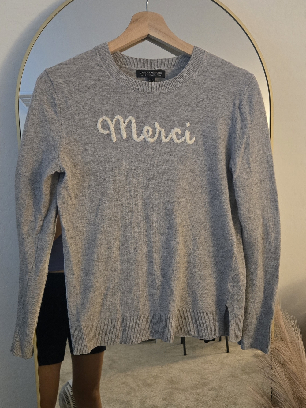 Banana Republic Gray Crewneck Sweater with "Merci" Script